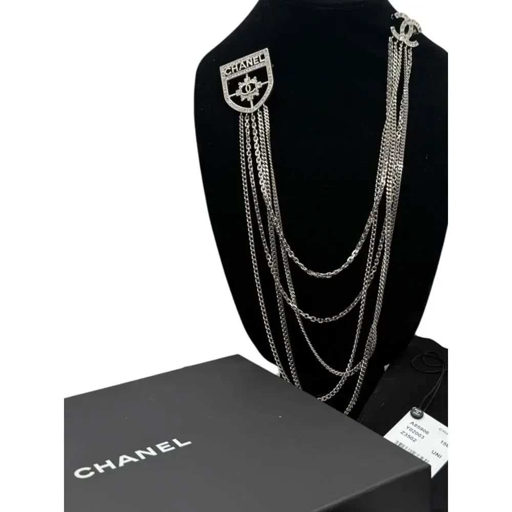 Chanel Baguette Crystal CC Shield Multi-Strand Long Chain Brooch Silver